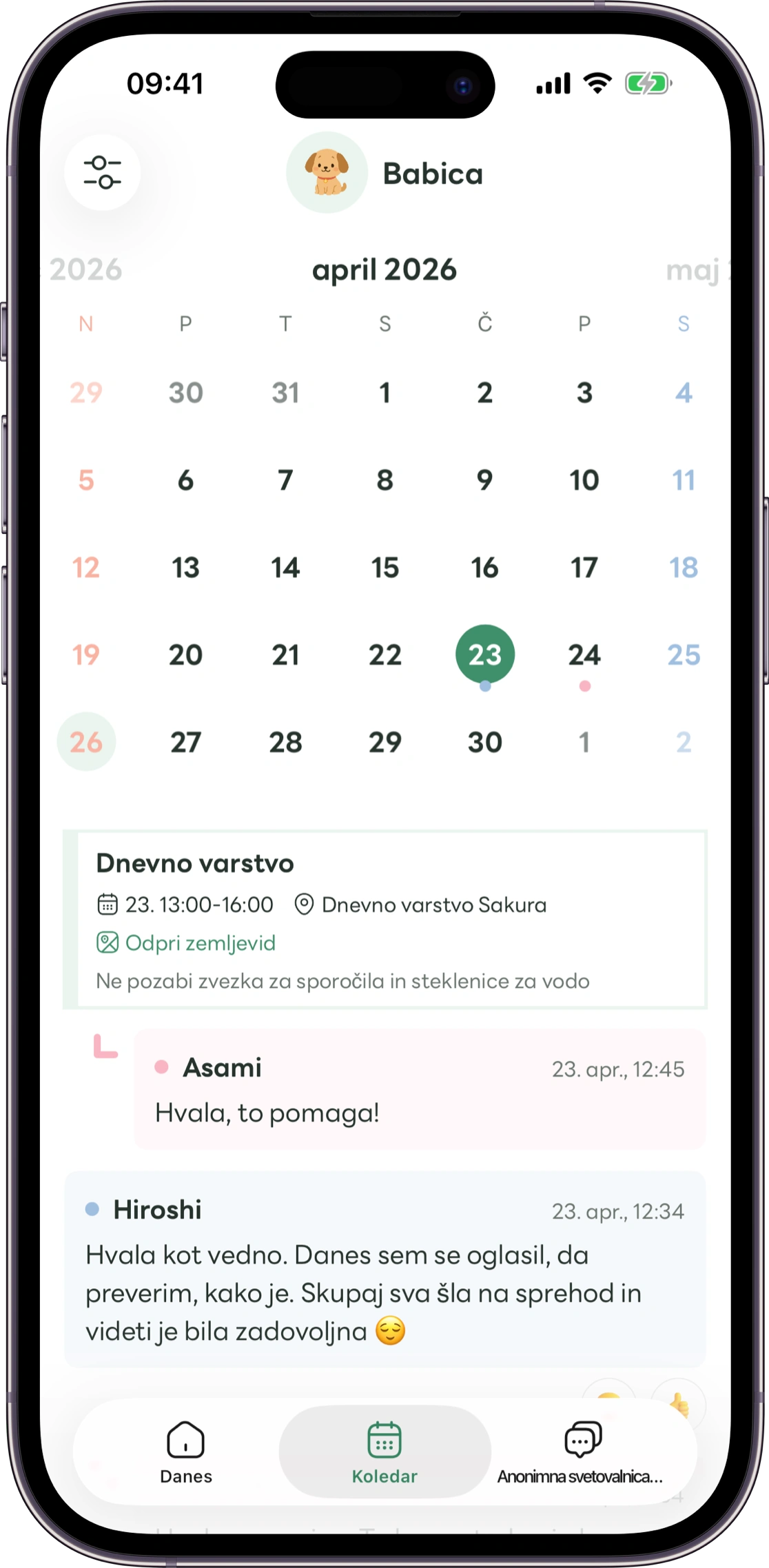 Primer preglednega zaslona Carez