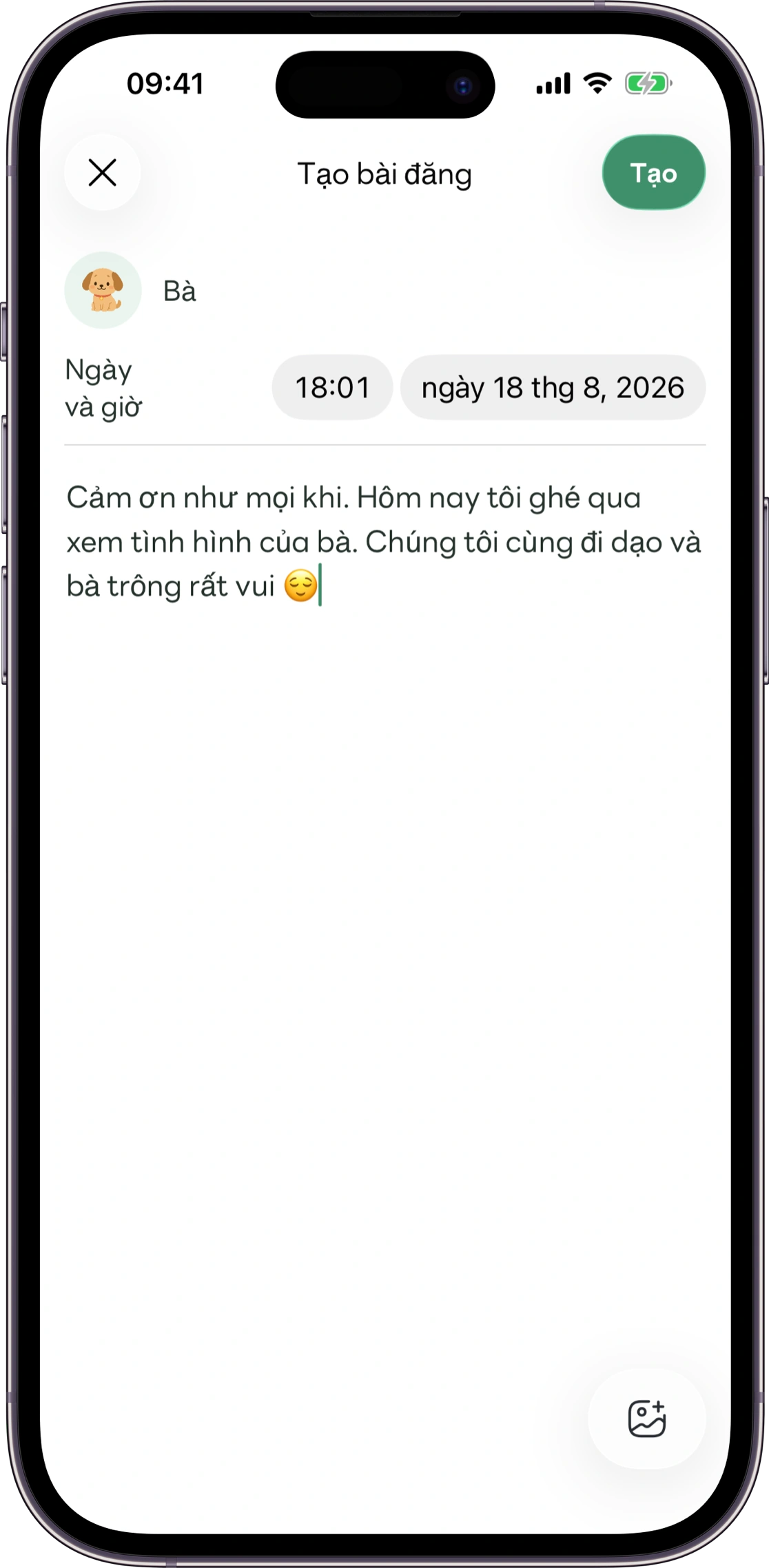 Ví dụ màn hình nhật ký chăm sóc Carez