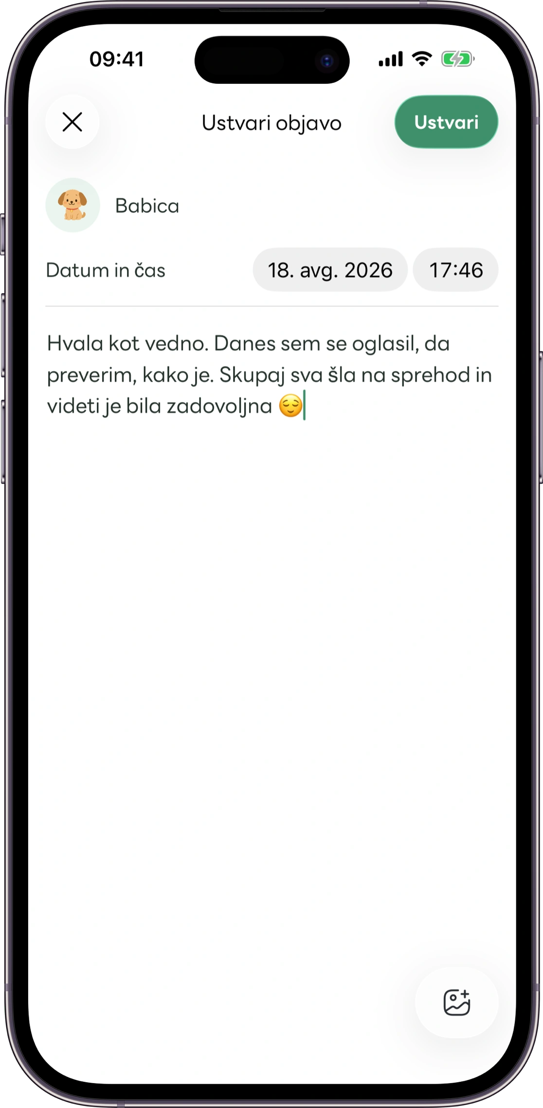 Primer zaslona zapiskov o skrbi Carez
