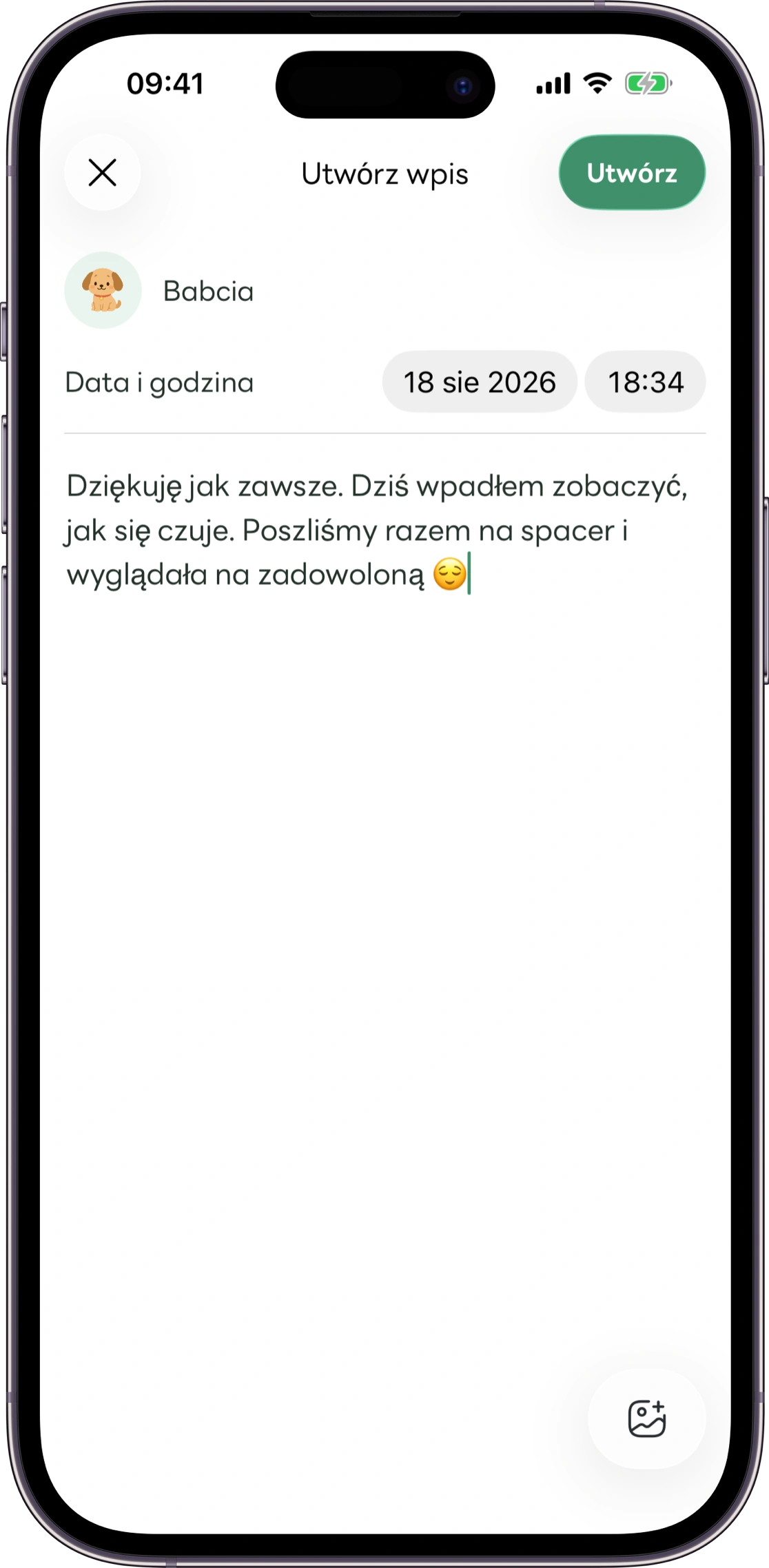 Makieta ekranu notatek dotyczących opieki w Carez