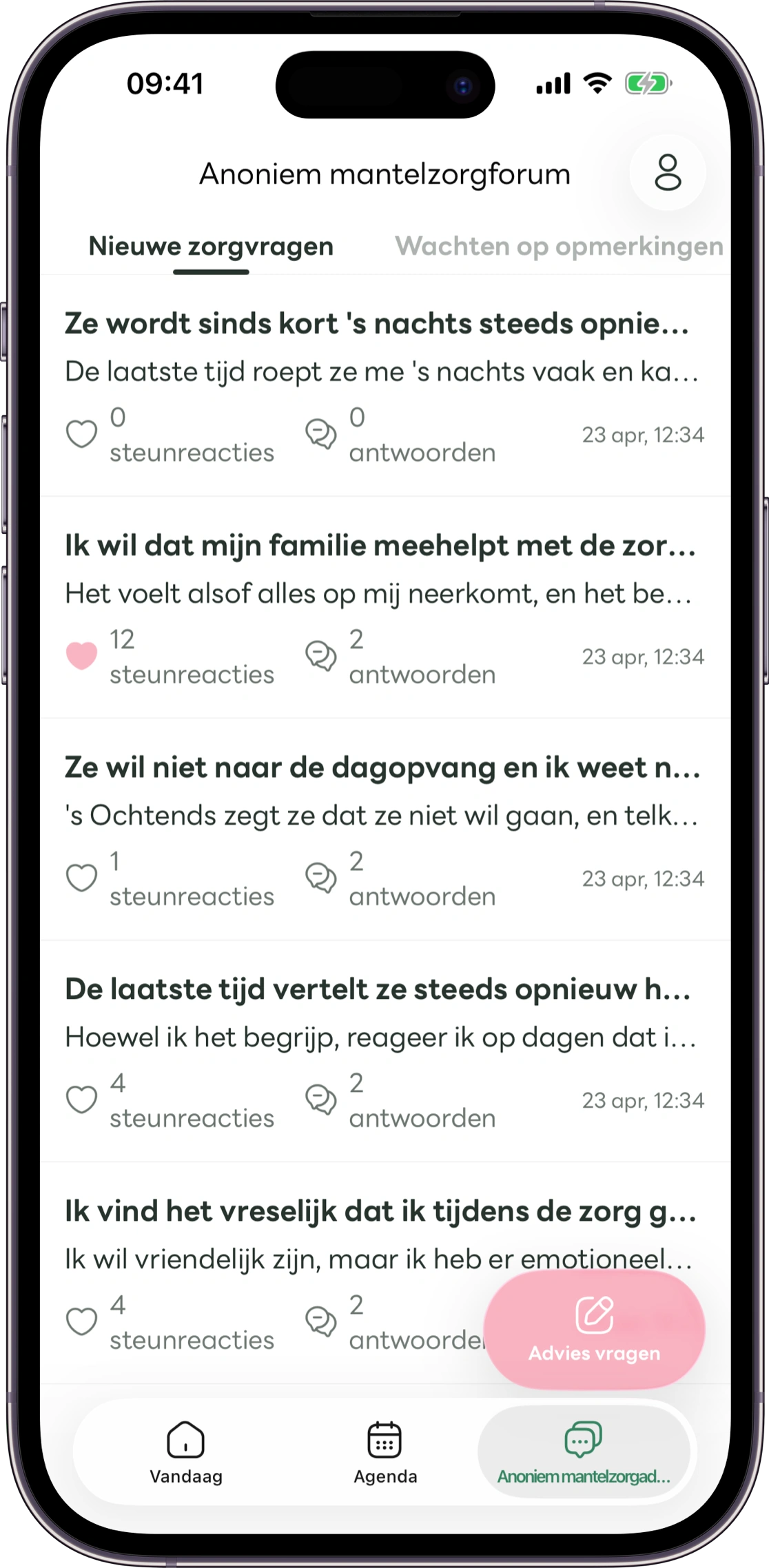 Voorbeeld van het scherm met anonieme vragen in Carez
