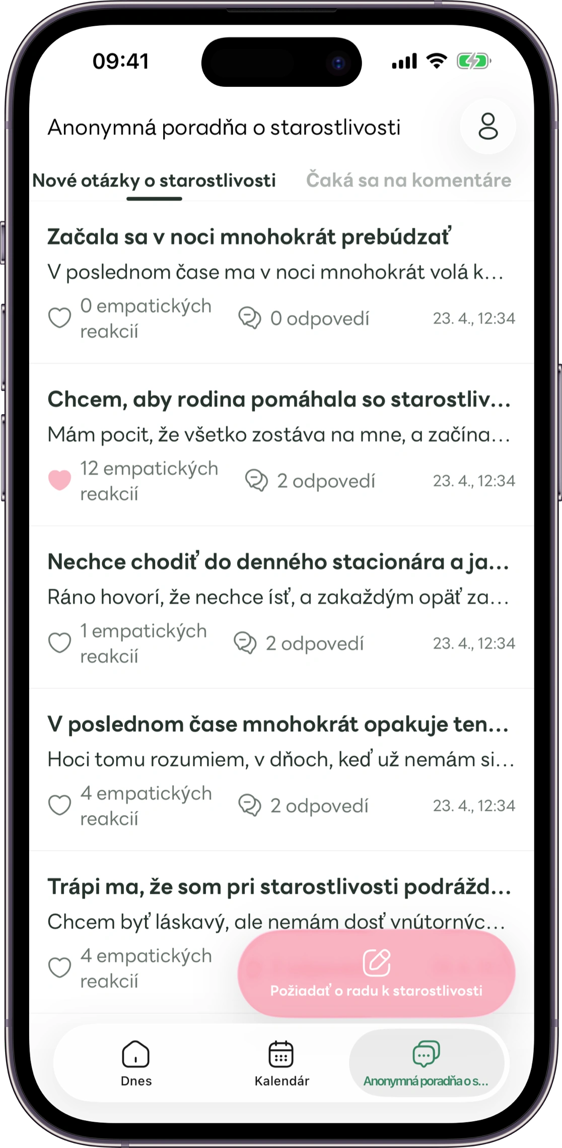 Ukážka obrazovky anonymných otázok Carez