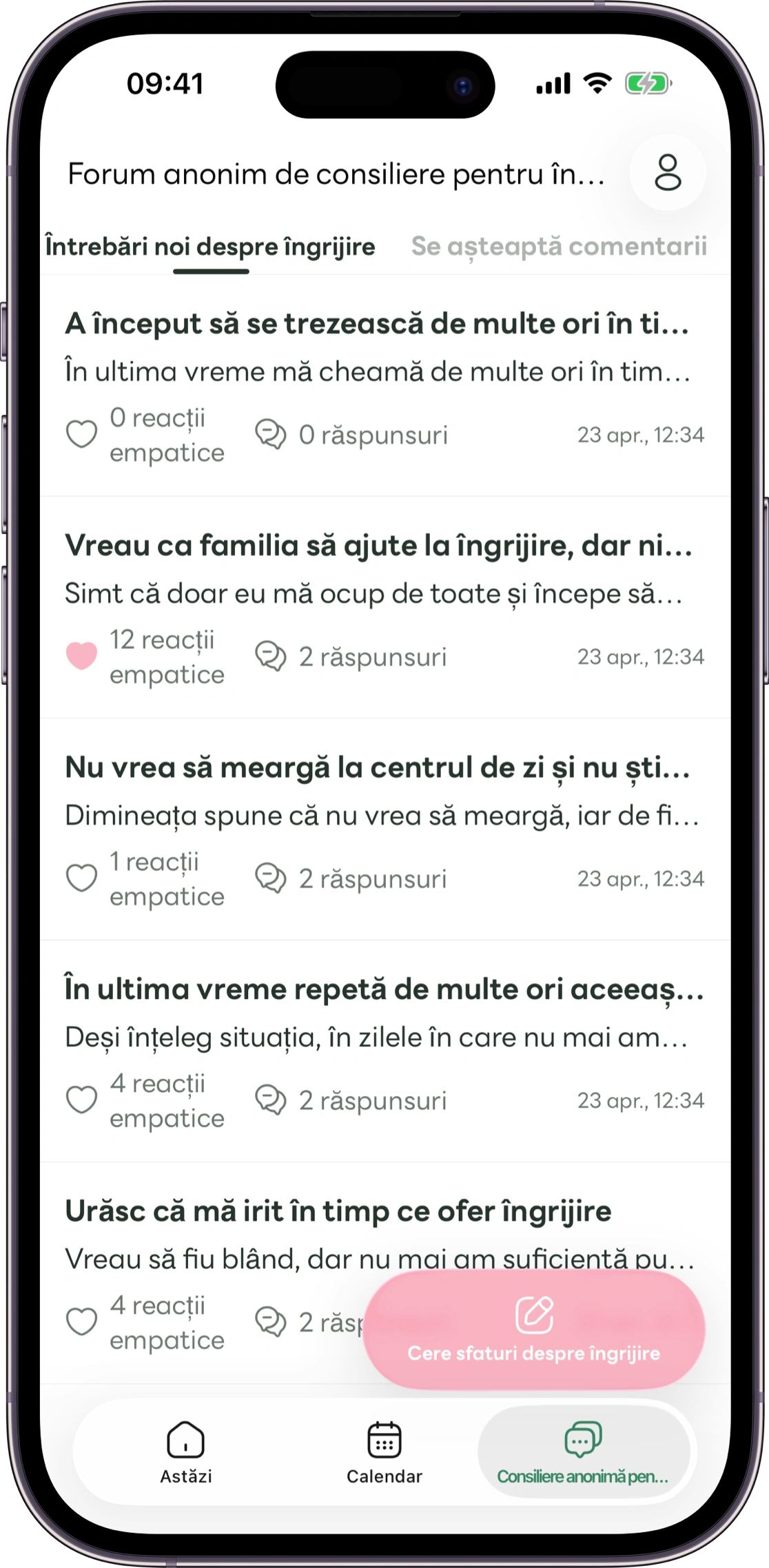 Machetă a ecranului de întrebări anonime Carez
