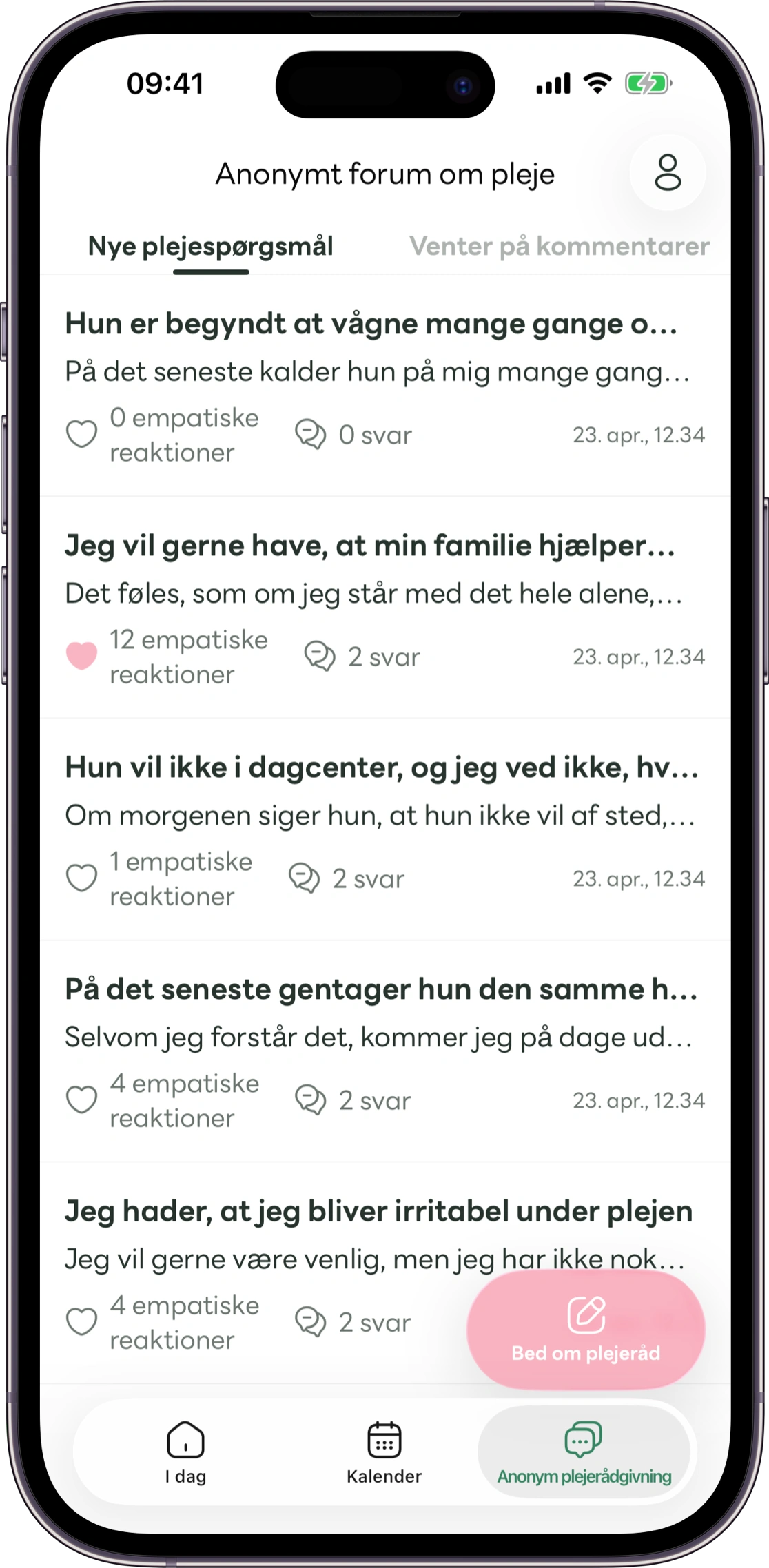 Model af skærmen med anonyme spørgsmål i Carez