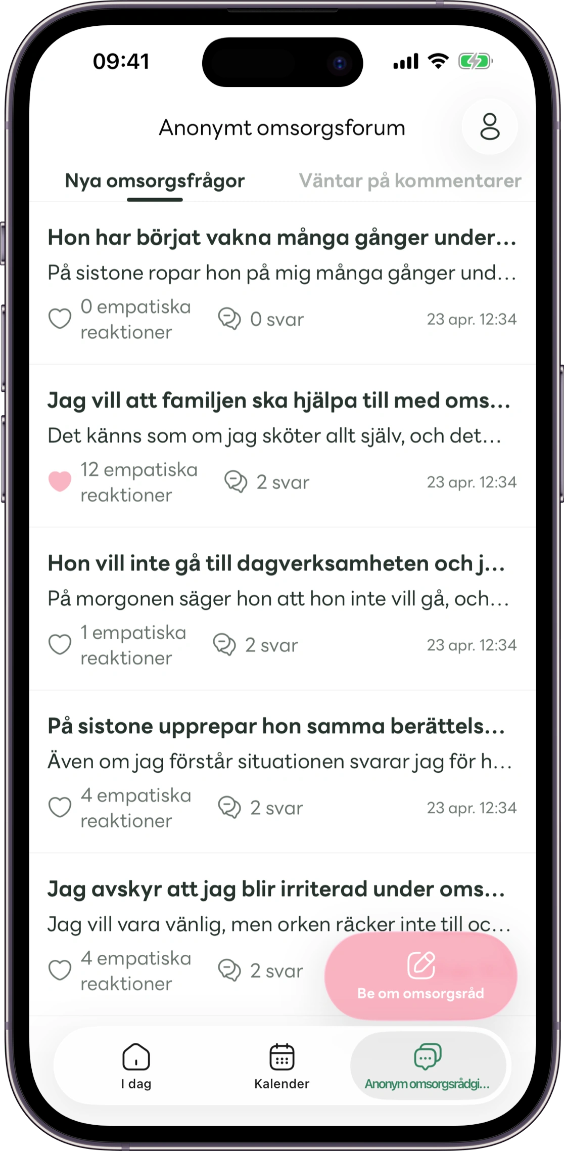 Modell av vyn med anonyma frågor i Carez