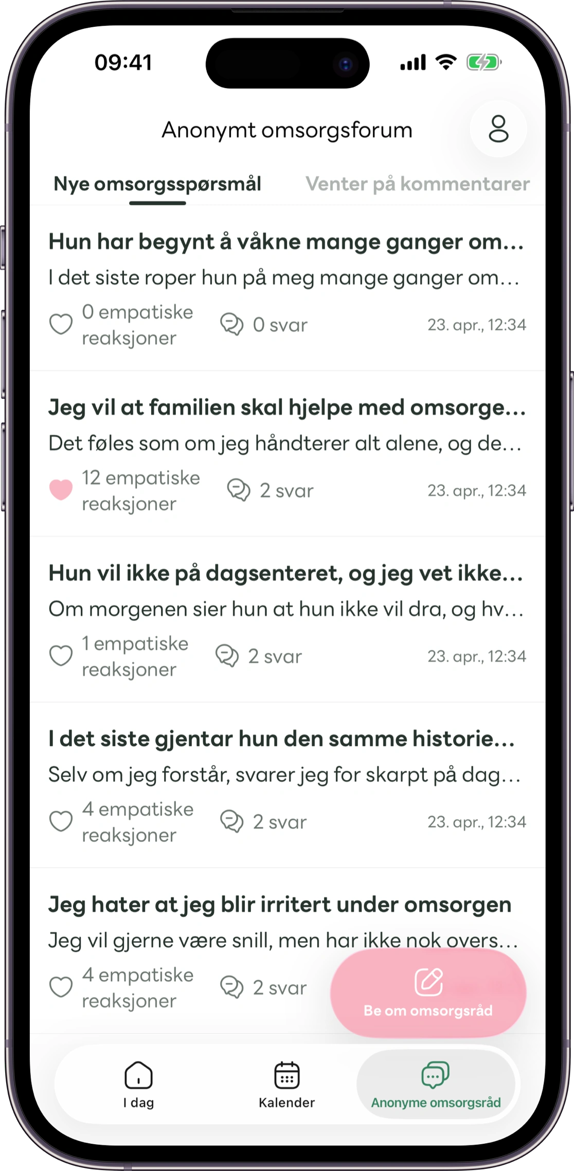 Modell av skjermen med anonyme spørsmål i Carez