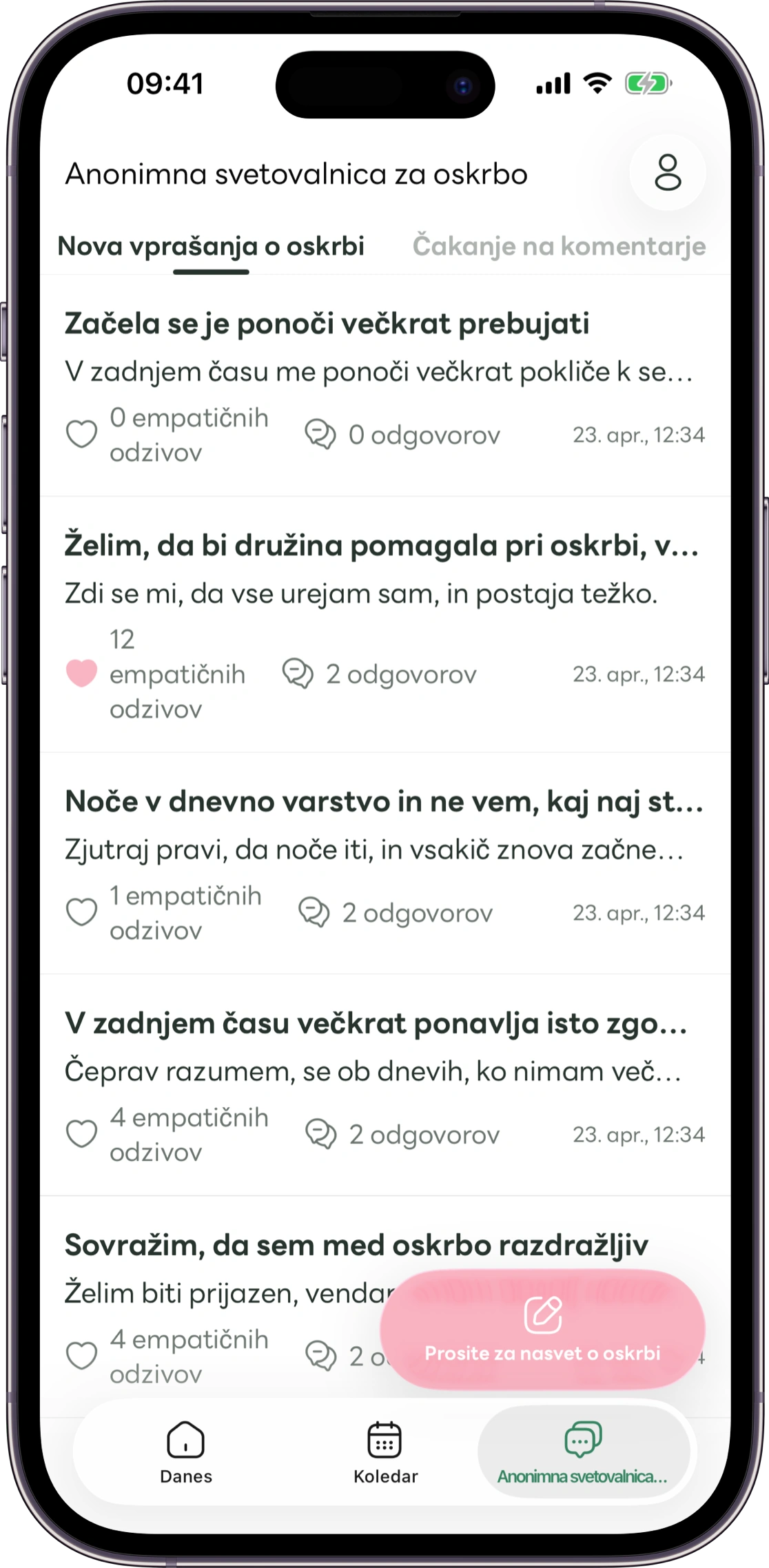 Primer zaslona anonimnih vprašanj Carez