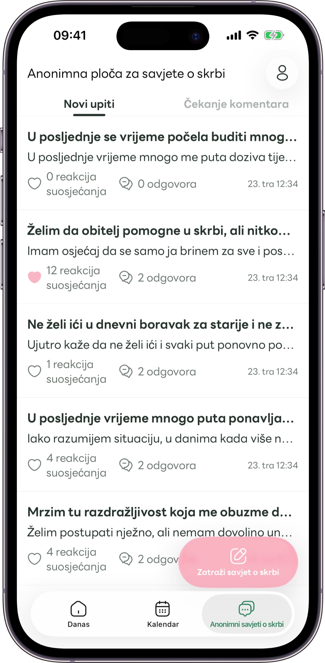 Prikaz zaslona anonimnih pitanja u Carezu