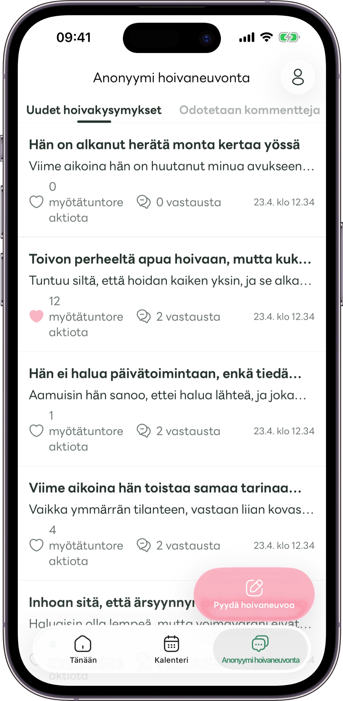 Carezin anonyymien kysymysten näkymän mallikuva