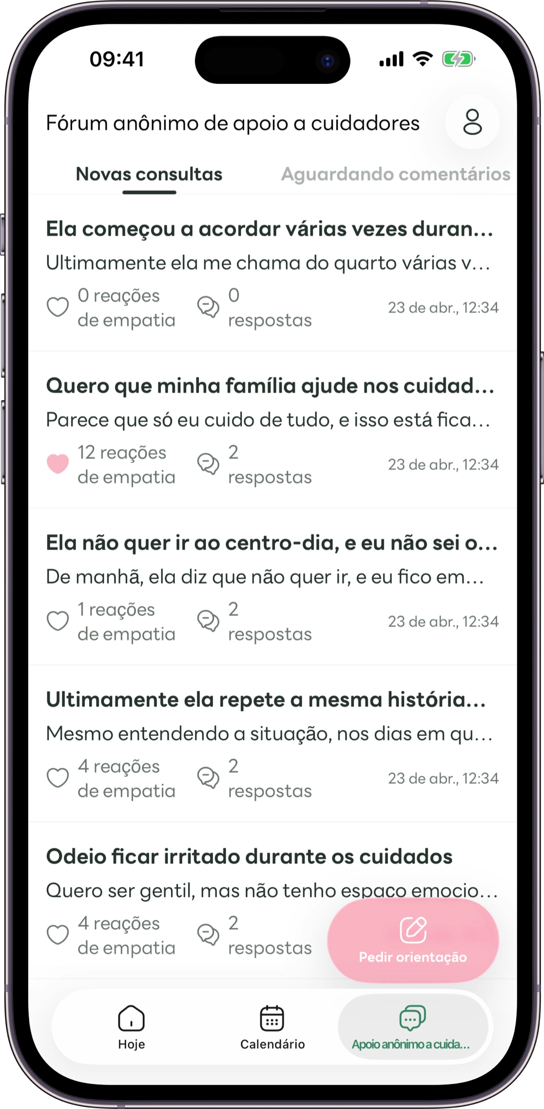 Modelo da tela de dúvidas anônimas do Carez