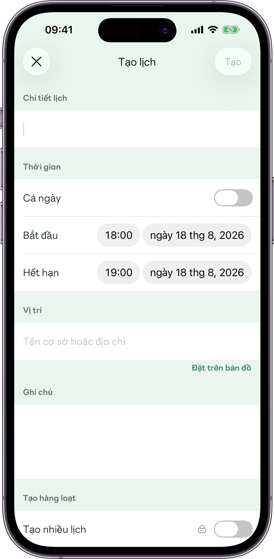 Màn hình nhập lịch trình Carez