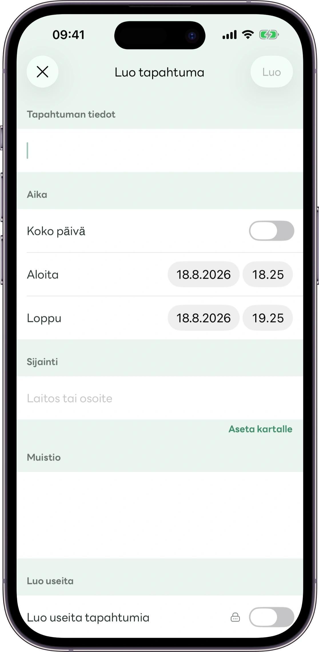 Carezin aikataulun syöttönäkymä