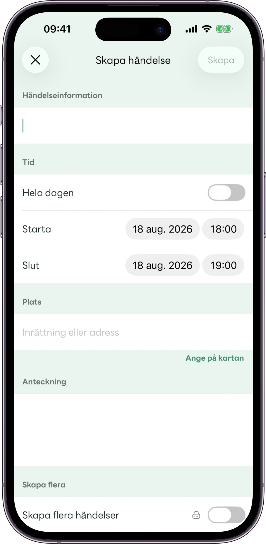 Vy för att lägga in en tid i Carez