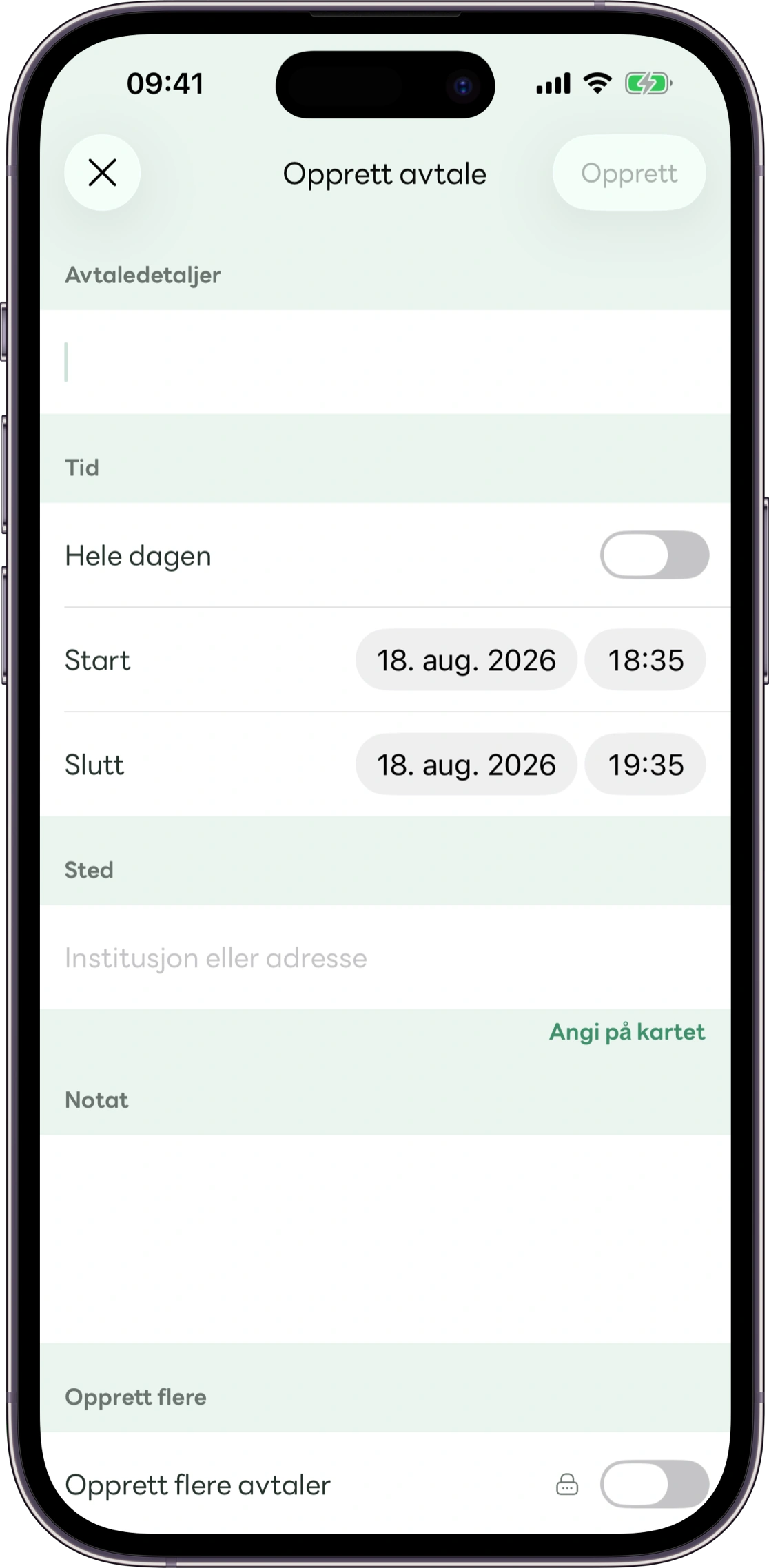Skjerm for registrering av en avtale i Carez