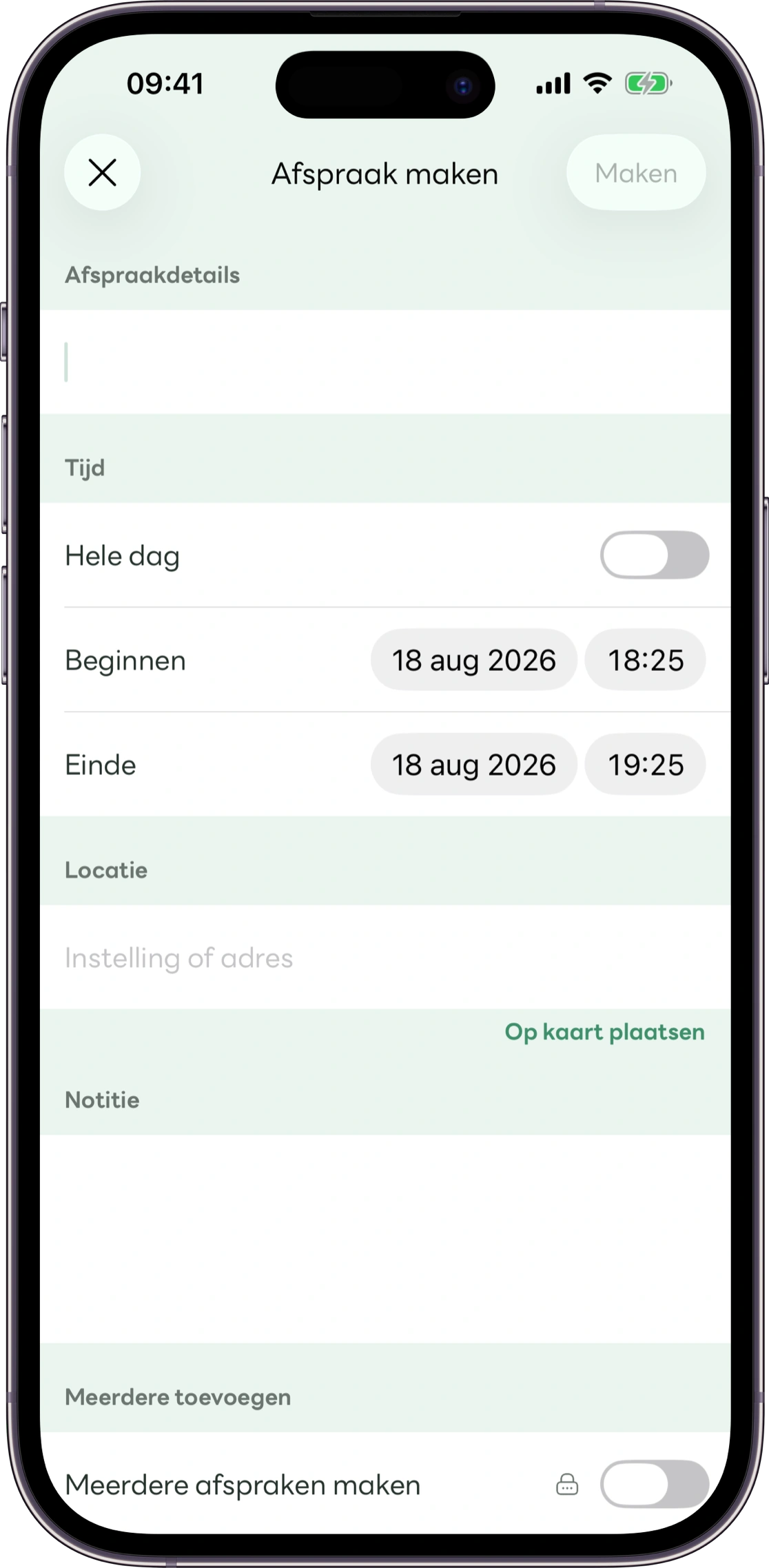 Scherm voor het invoeren van een afspraak in Carez